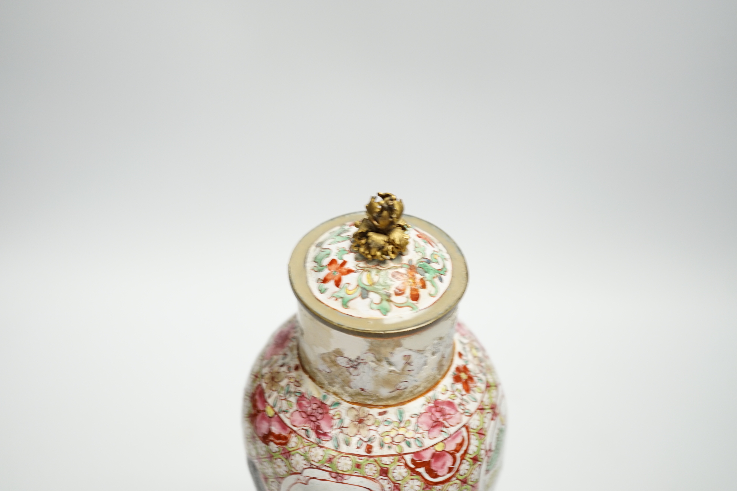 An 18th century Canton enamel European subject vase and associated cover, 30cm high